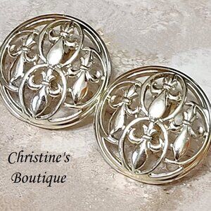 Fleur De Lis vintage earrings, goldtone, clip ons signed EMJ
